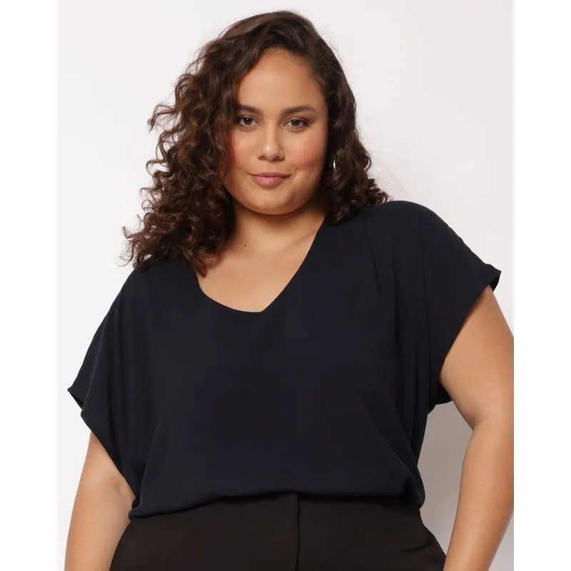 Blusa Plus Size Feminina Berry & Co. Viscose Decote V Manga Curta Marinho G1
