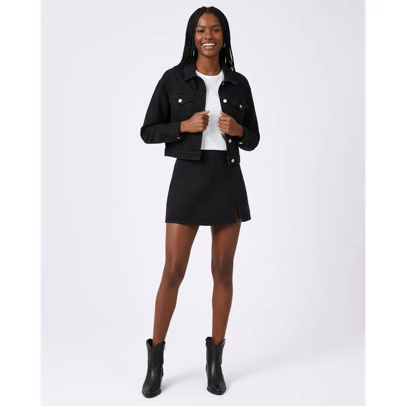Short Saia Sarja Feminino com Recorte e Zíper Preto UN