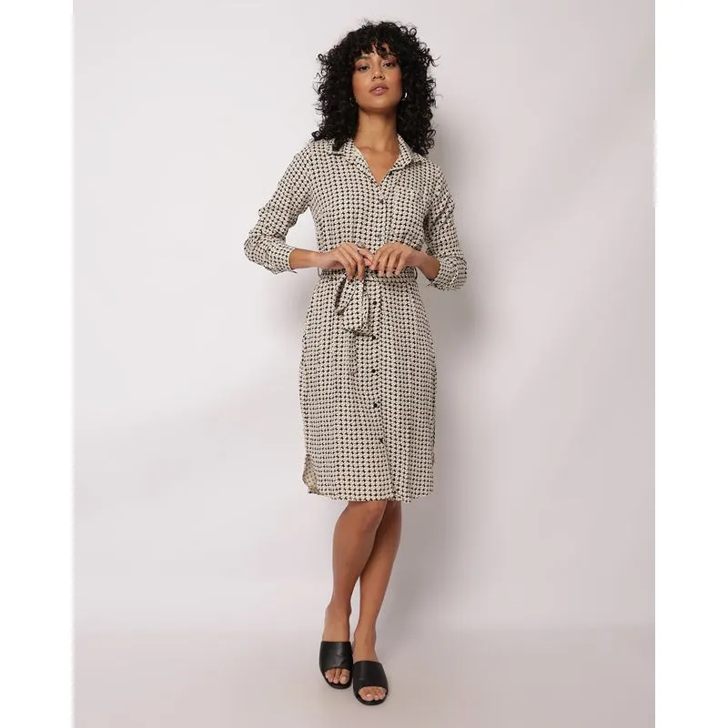 Vestido Feminino Berry & Co. Chemise Viscose Manga Longa Estampado Bege GG