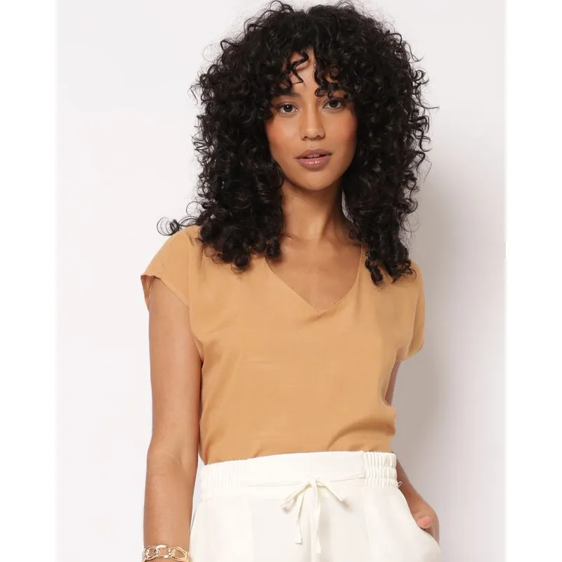 Blusa Feminina Berry & Co. Viscose Manga Curta Decote V Bege P