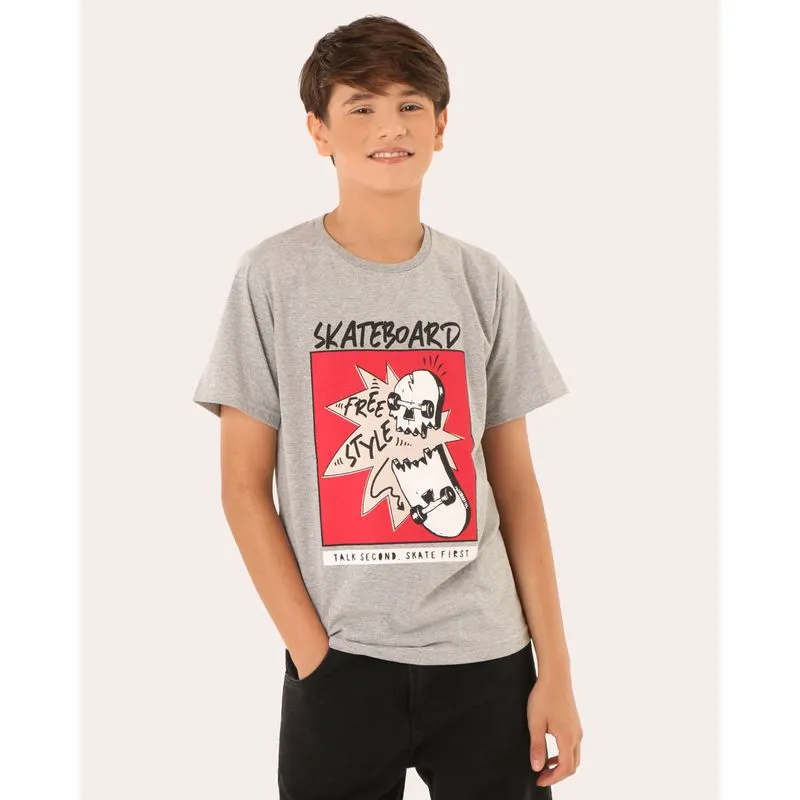 Camiseta Juvenil Algodão Estampa Skate Manga Curta Cinza 12