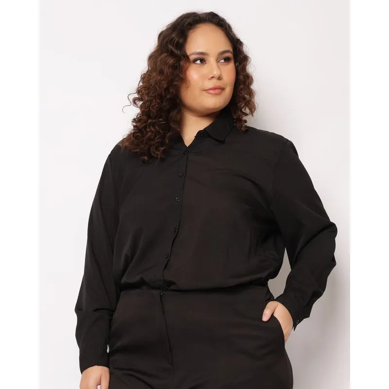 Camisa Plus Size Feminina Berry & Co. Manga Longa Preta G1