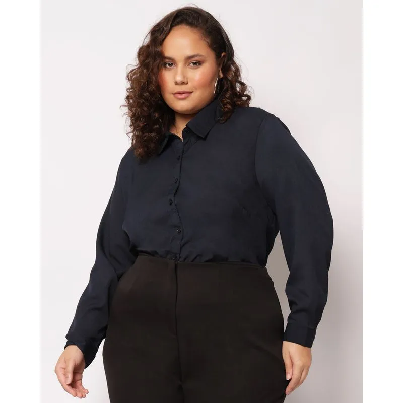 Camisa Plus Size Feminina Berry & Co. Manga Longa Marinho G1