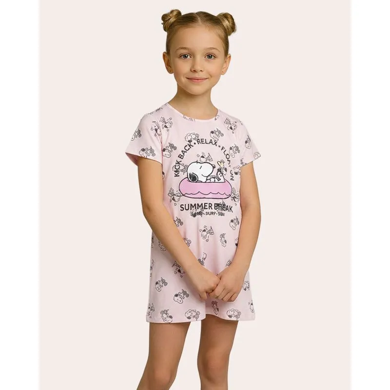 Camisola Infantil Curta Algodão Estampada Snoopy Rosa 4