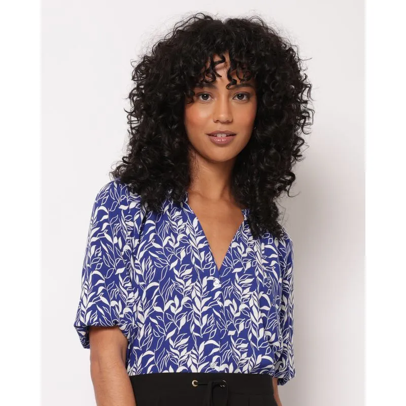 Camisa Feminina Berry & Co. Viscose Manga 3/4 Estampa Floral Azul GG