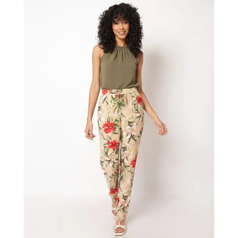 Calça Feminina Reta Berry & Co.Viscose com Pregas Estampada Floral Bege M