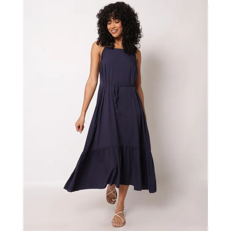 Vestido Feminino Midi Berry & Co. Viscose com Babado Alcinha Marinho GG