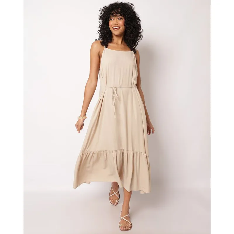 Vestido Feminino Midi Berry & Co. Viscose com Babado Alcinha Bege GG