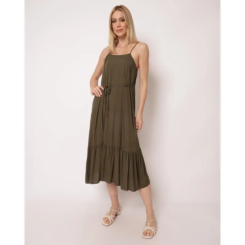 Vestido Feminino Midi Berry & Co. Viscose com Babado Alcinha Verde M