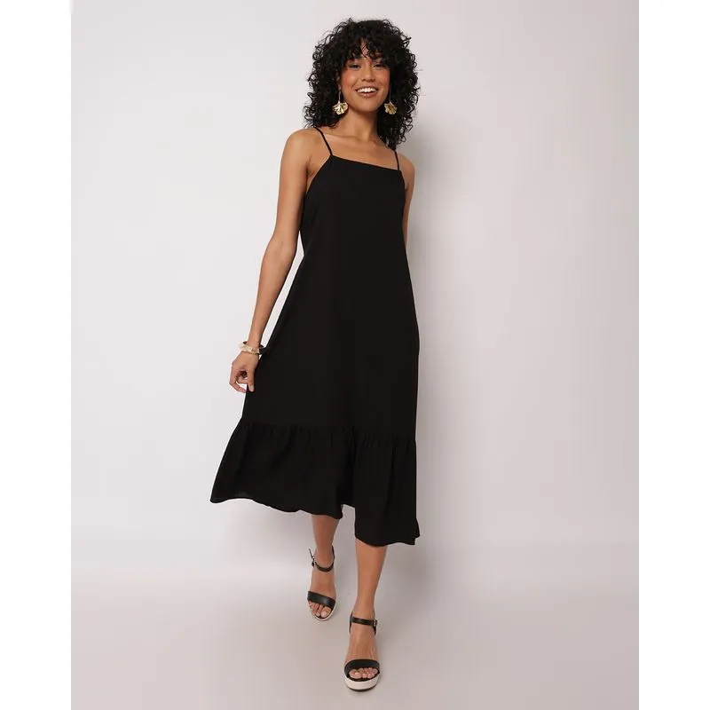 Vestido Feminino Midi Berry & Co. Viscose com Babado Alcinha Preto GG