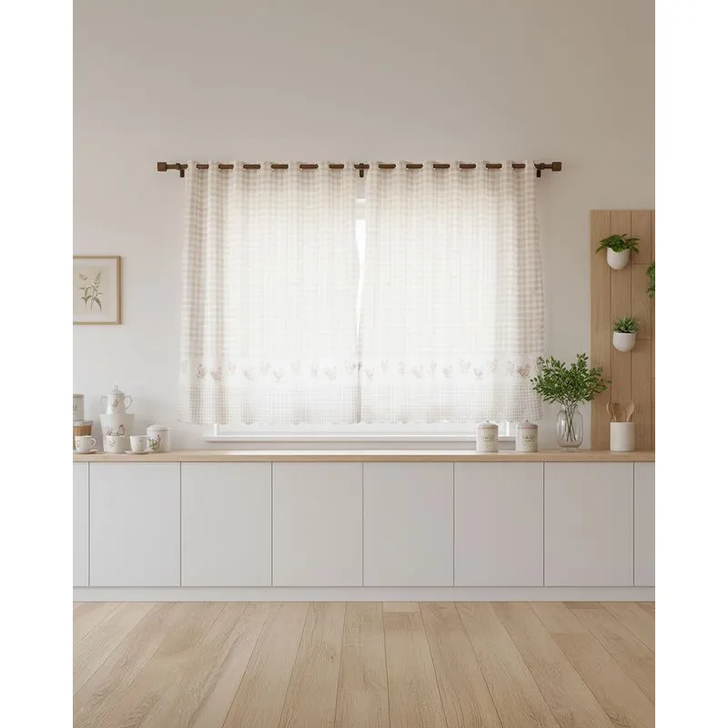 Cortina para Cozinha Bella Janela 220cm x 120cm Xadrez Bege UN