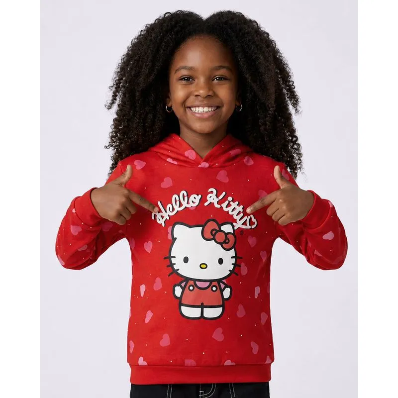 Blusão Moletom Infantil com Capuz Hello Kitty Vermelho 10