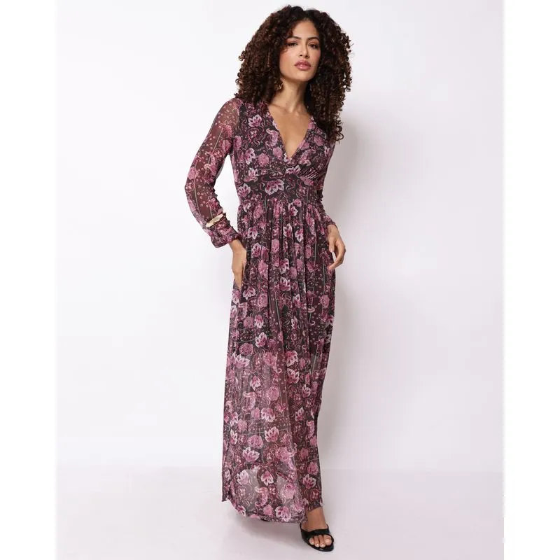 Vestido Feminino Tule Longo Decote V Estampado Manga Longa Rosa M
