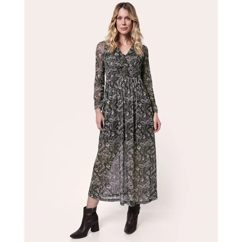 Vestido Feminino Longo Tule Sobreposição Paisley Verde P