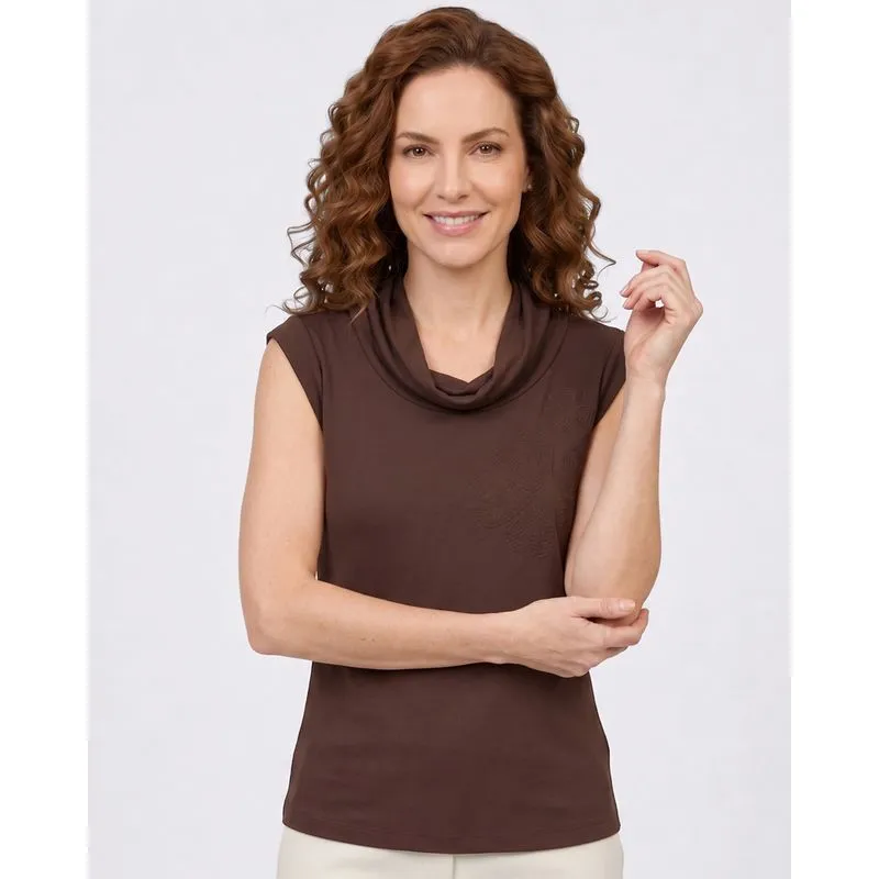 Regata Feminina Gola Alta Aplique Flor Marrom G