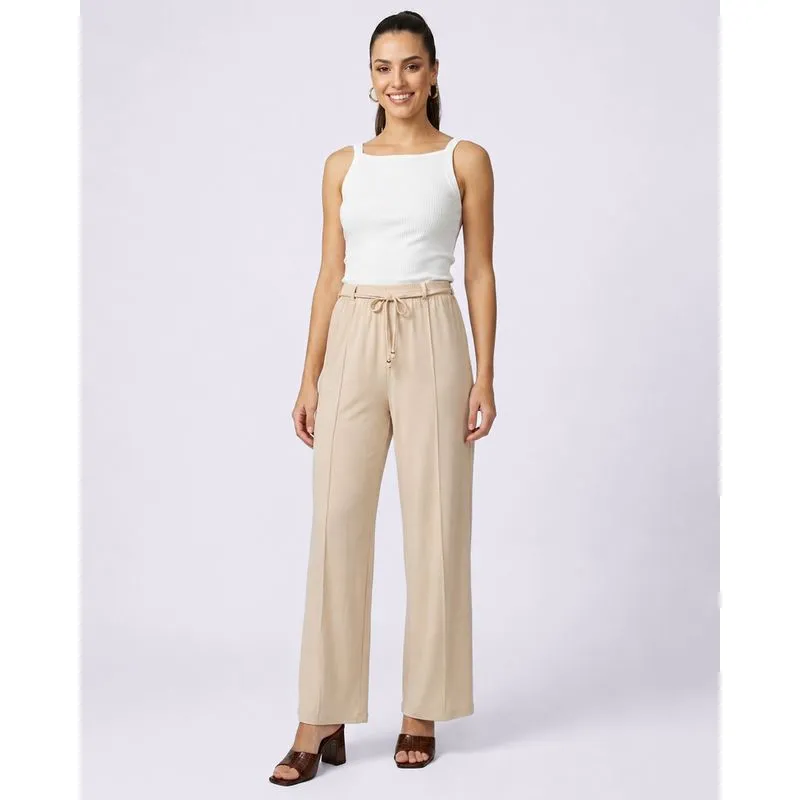 Calça Feminina Wide Leg com Cinto Bege M