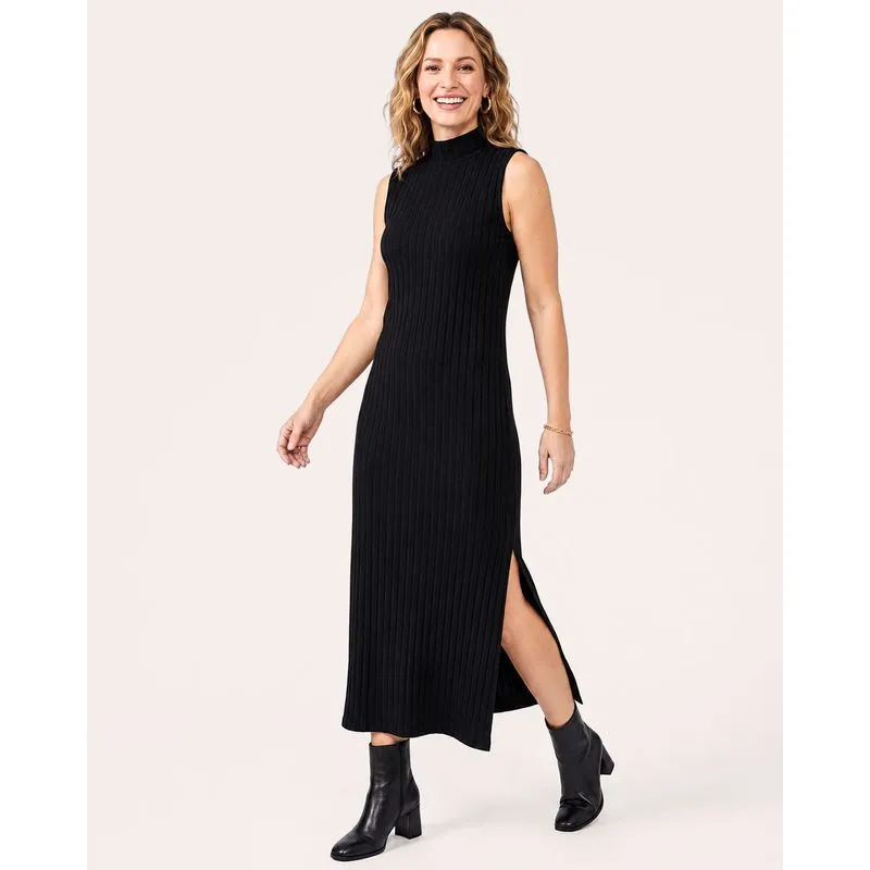 Vestido Feminino Longo Regata Canelado com Fenda Preto XG