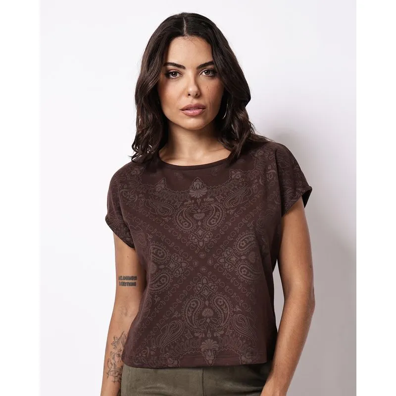 Blusa Feminina Estampada Paisley Manga Curta Marrom P