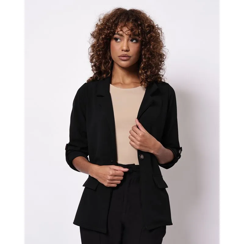 Blazer Feminino Crepe com Botões Decote V Lapela Preto M
