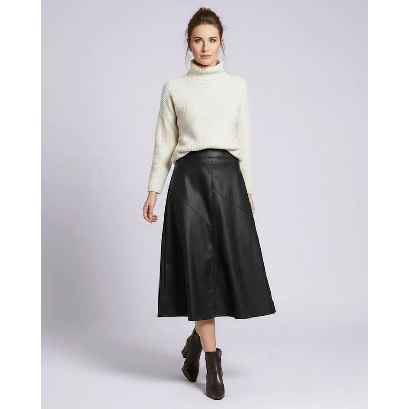 Saia Midi Feminina PU com Recortes Preto P