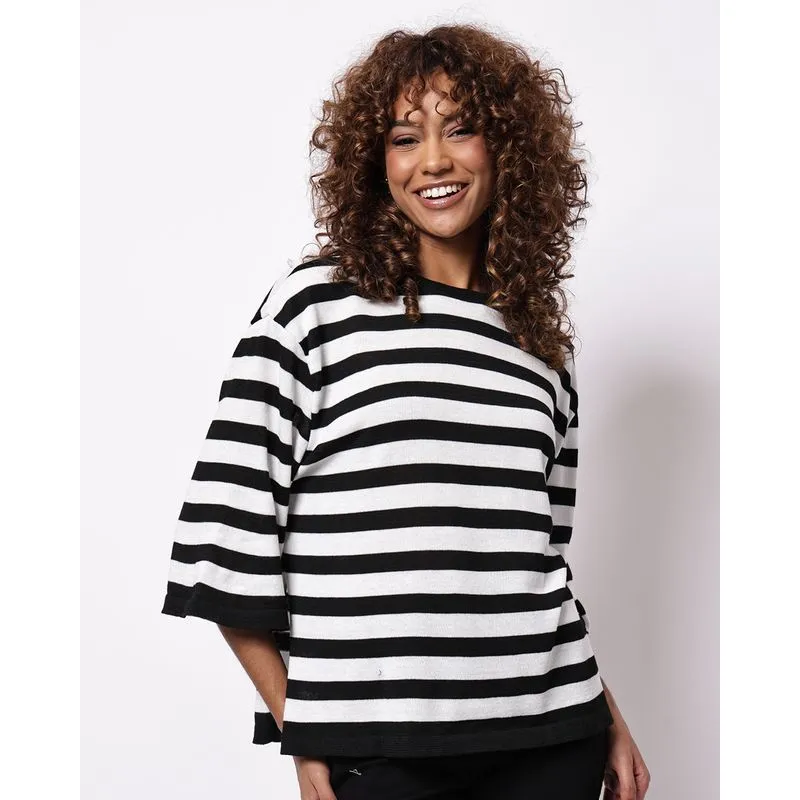 Blusa Feminina Tricô Listrado com Abertura Lateral Preta G