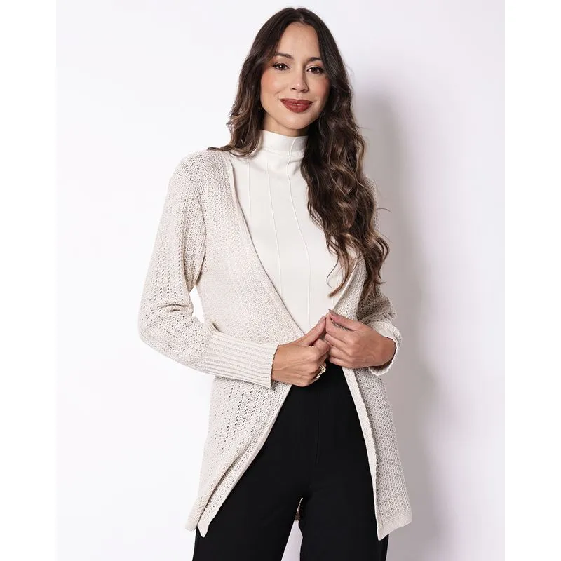 Cardigan Feminino Donatta Tricô Alongado Bege G