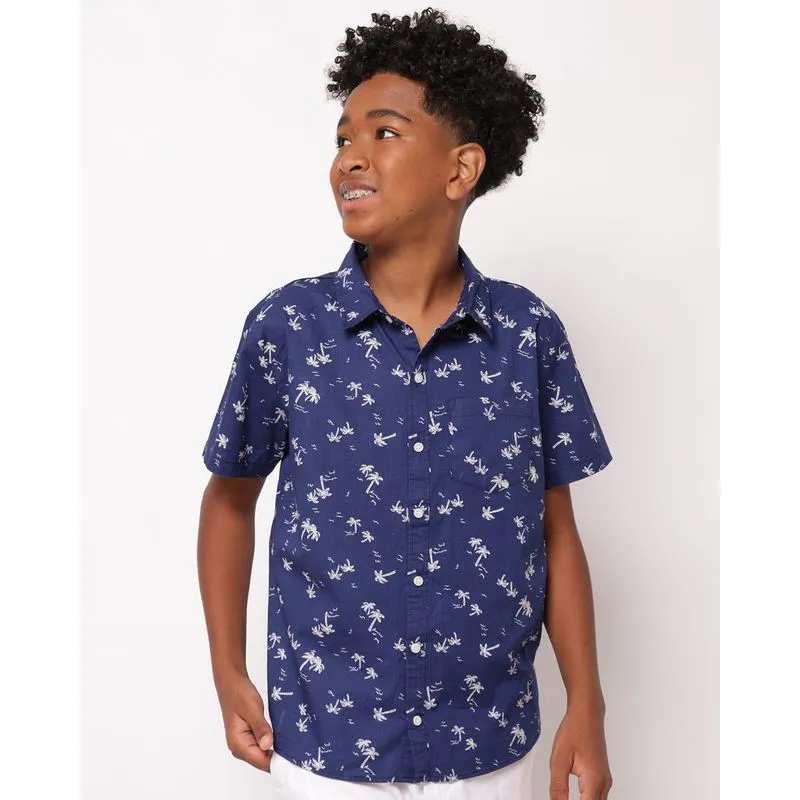 Camisa Juvenil Algodão Estampada Coqueiro Manga Curta Marinho 12