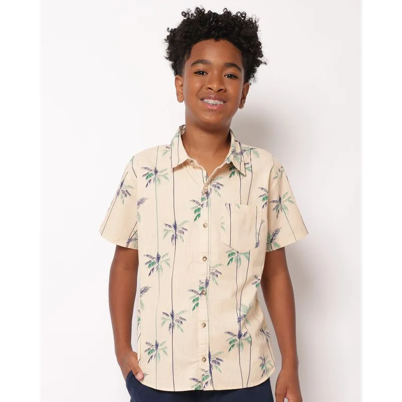Camisa Juvenil Algodão Estampada Coqueiro Manga Curta Bege 16