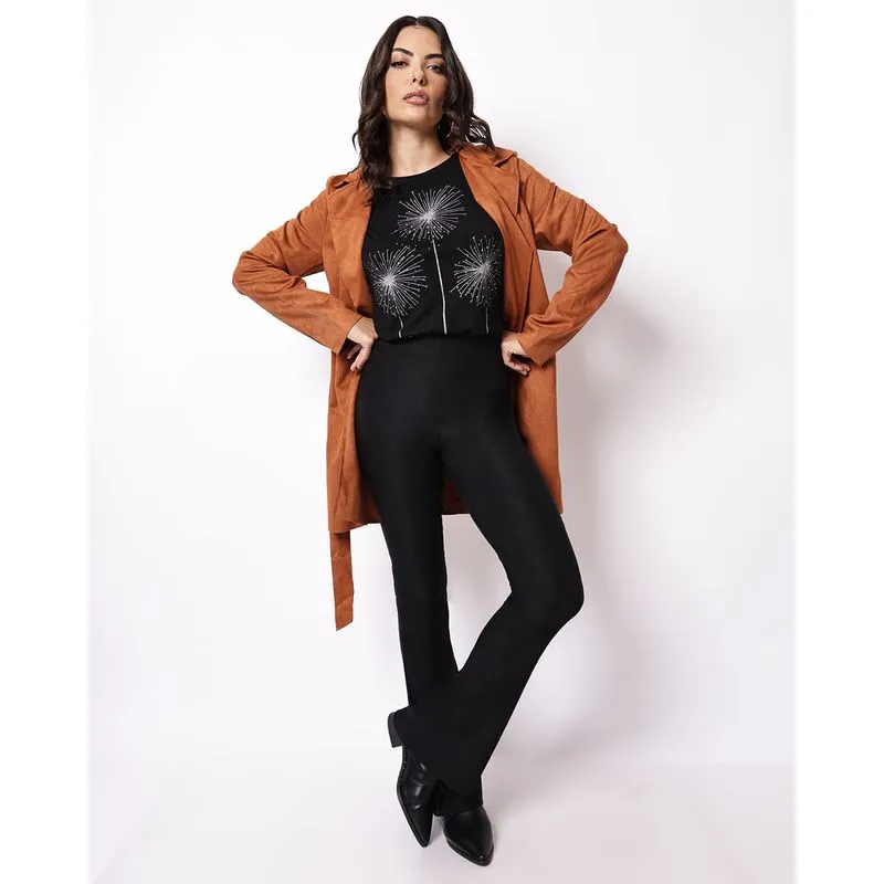 Calça Feminina Flare Bengaline Cós Reto Preta GG