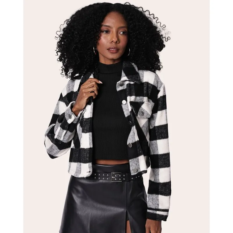 Casaco Feminino Cropped Xadrez Flanelado Preto P