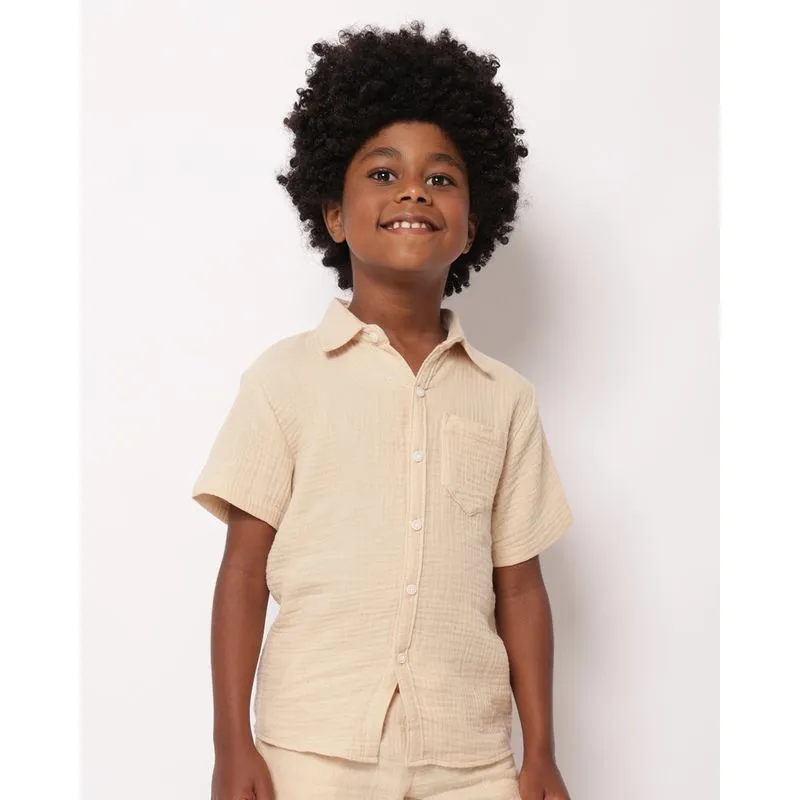 Camisa Infantil Algodão Texturizada Manga Curta Bege 4