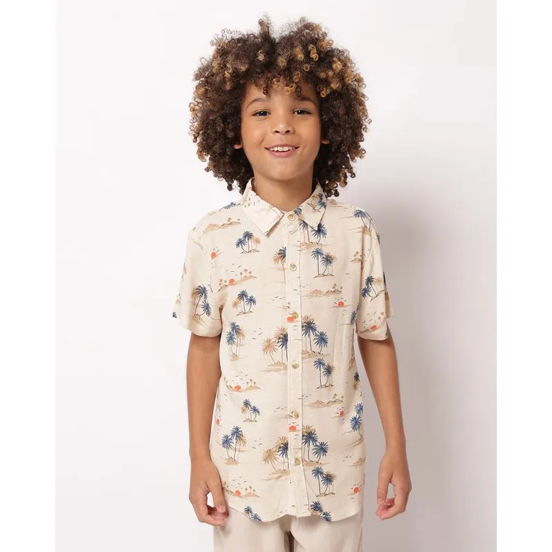 Camisa Infantil Viscose Manga Curta Estampada Bege 4
