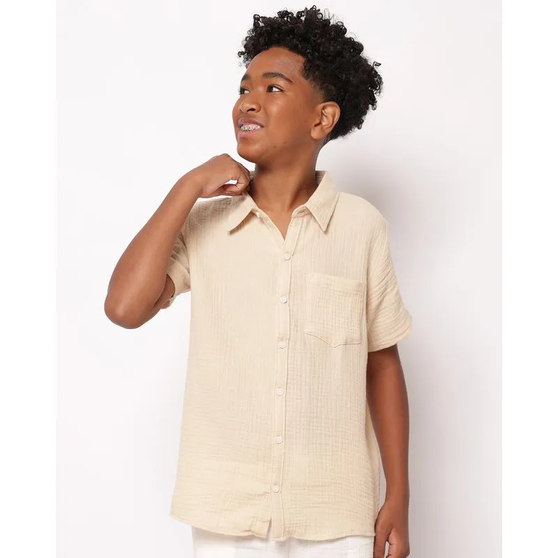 Camisa Juvenil Algodão Texturizada Manga Curta Bege 14