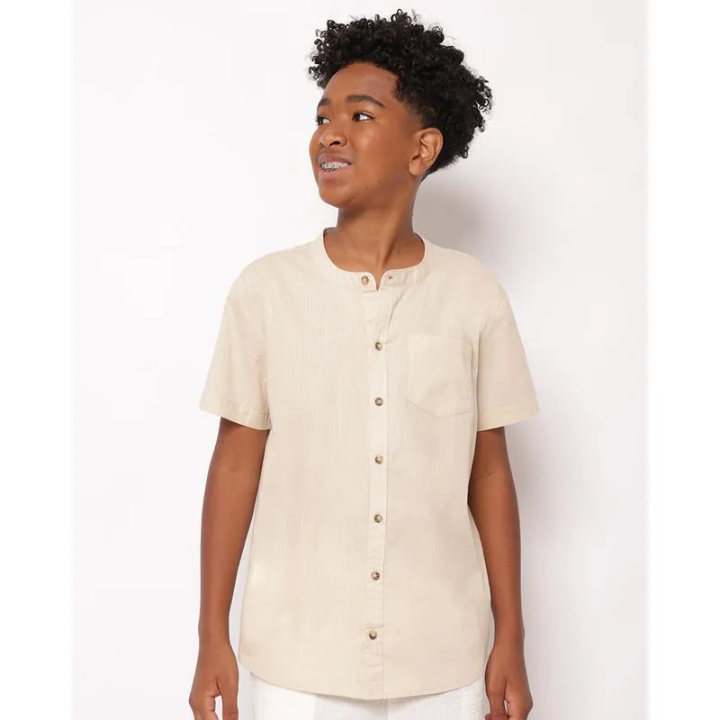 Camisa Juvenil Algodão Gola Padre Manga Curta Bege 14