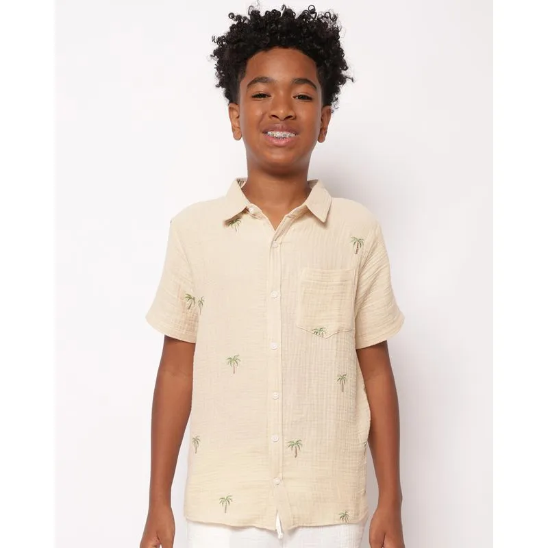 Camisa Juvenil Algodão Bordado Texturizada Manga Curta Bege 14