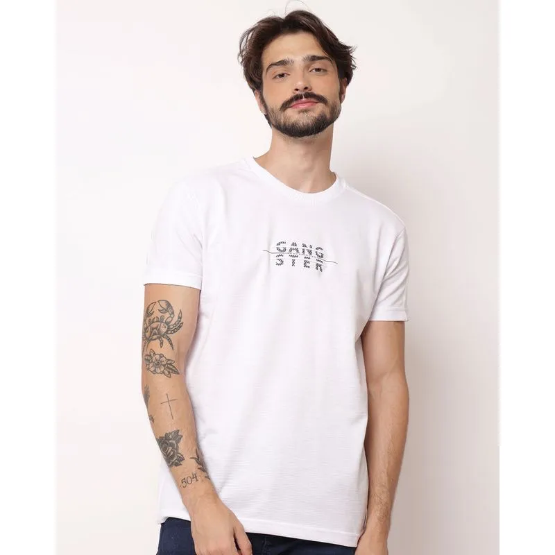 Camiseta Masculina Texturizada Estampa Gangster Branca GG