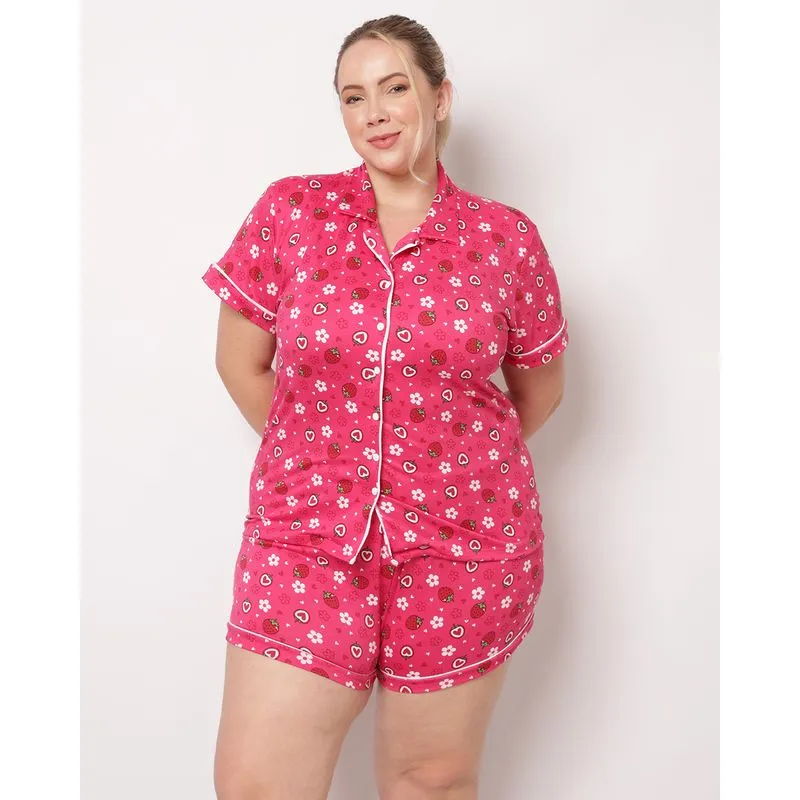Pijama Plus Size Feminina Curto Americano Estampado Rosa Escuro 52