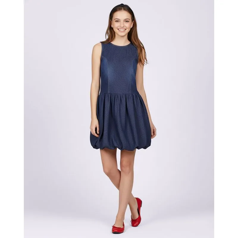 Vestido Jeans Juvenil Alça Larga Balonê Azul 12