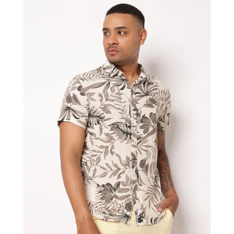 Camisa Masculina Viscose Estampada Floral Manga Curta Bege M