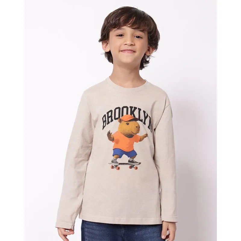 Camiseta Infantil Algodão Capivara Manga Longa Bege 4