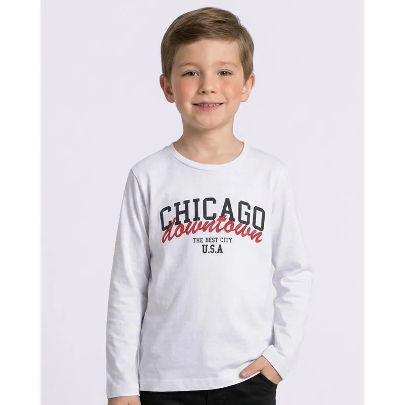 Camiseta Infantil Algodão Chicago Manga Longa Branca 4