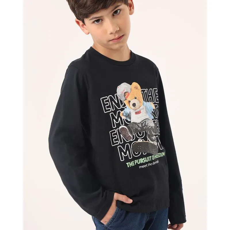 Camiseta Infantil Algodão Urso Manga Longa Preta 8