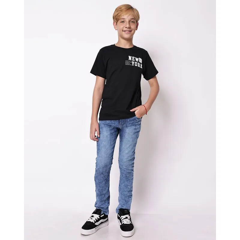 Calça Jeans Juvenil Reta Marmorizada com Bolsos Azul 14