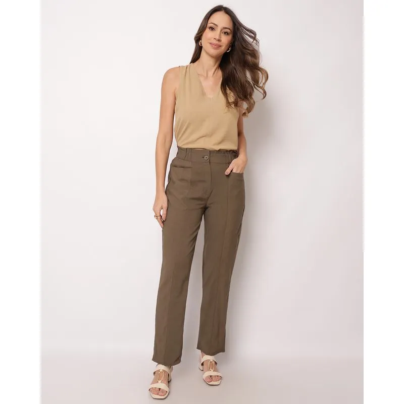 Calça Feminina Reta Berry & Co. Viscose com Bolsos Cós Alto Verde GG