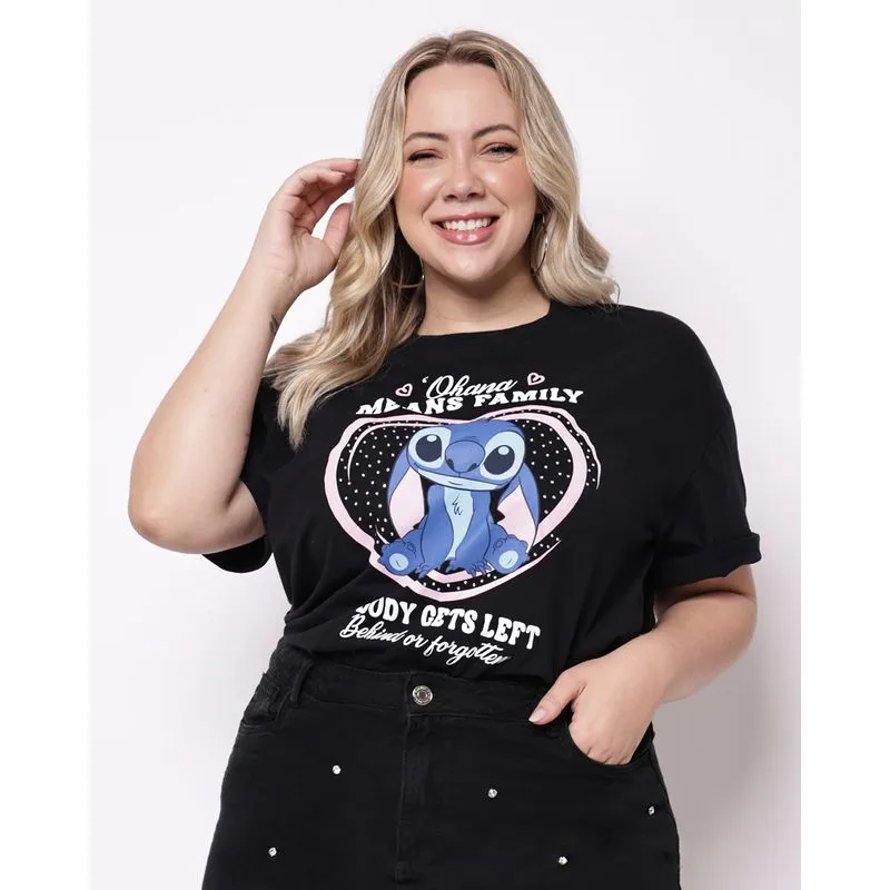 Camiseta Plus Size Feminina Algodão Disney Stitch Manga Curta Preta G3