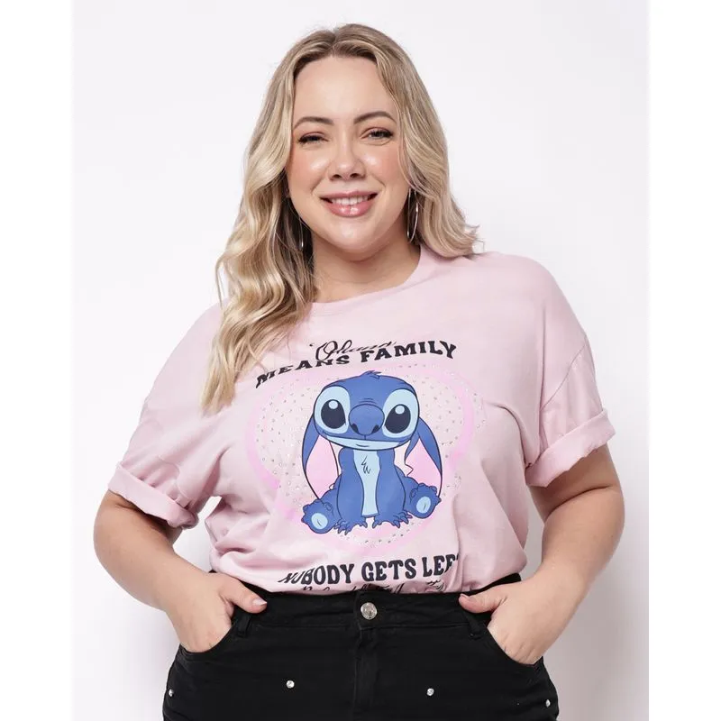 Camiseta Plus Size Feminina Algodão Disney Stitch Manga Curta Rosa G3
