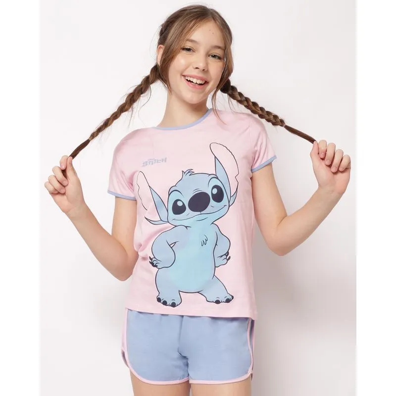 Pijama Juvenil Curto Algodão Disney Stitch Rosa 12