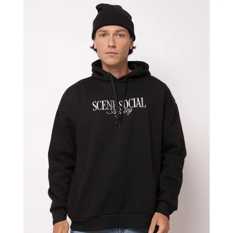 Blusão Moletom Masculino Estampa Bordada com Capuz Preto P