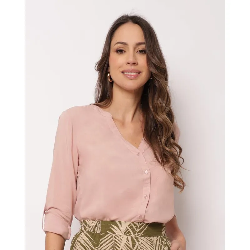 Camisa Feminina Viscose Berry & Co. Gola Padre Manga Longa Rosa M