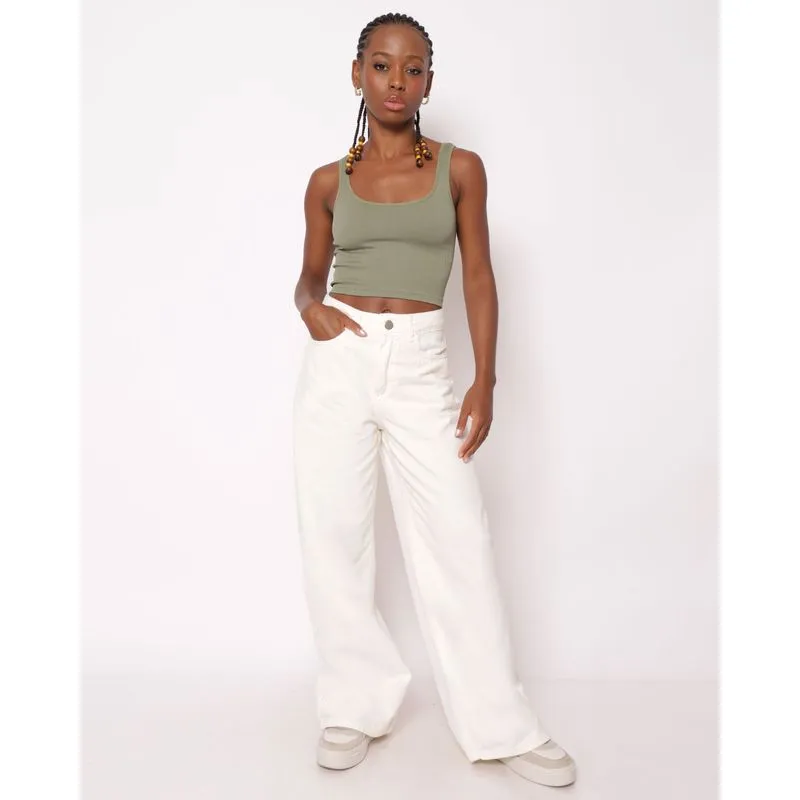 Calça Sarja Feminina Wide Leg Off White 34